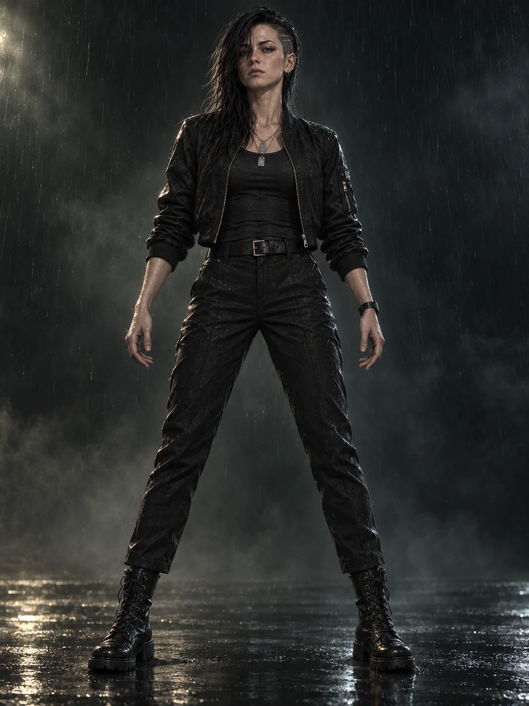 Eris character concept: dark asymmetric hair, black jacket and tactical clothing in the rain.