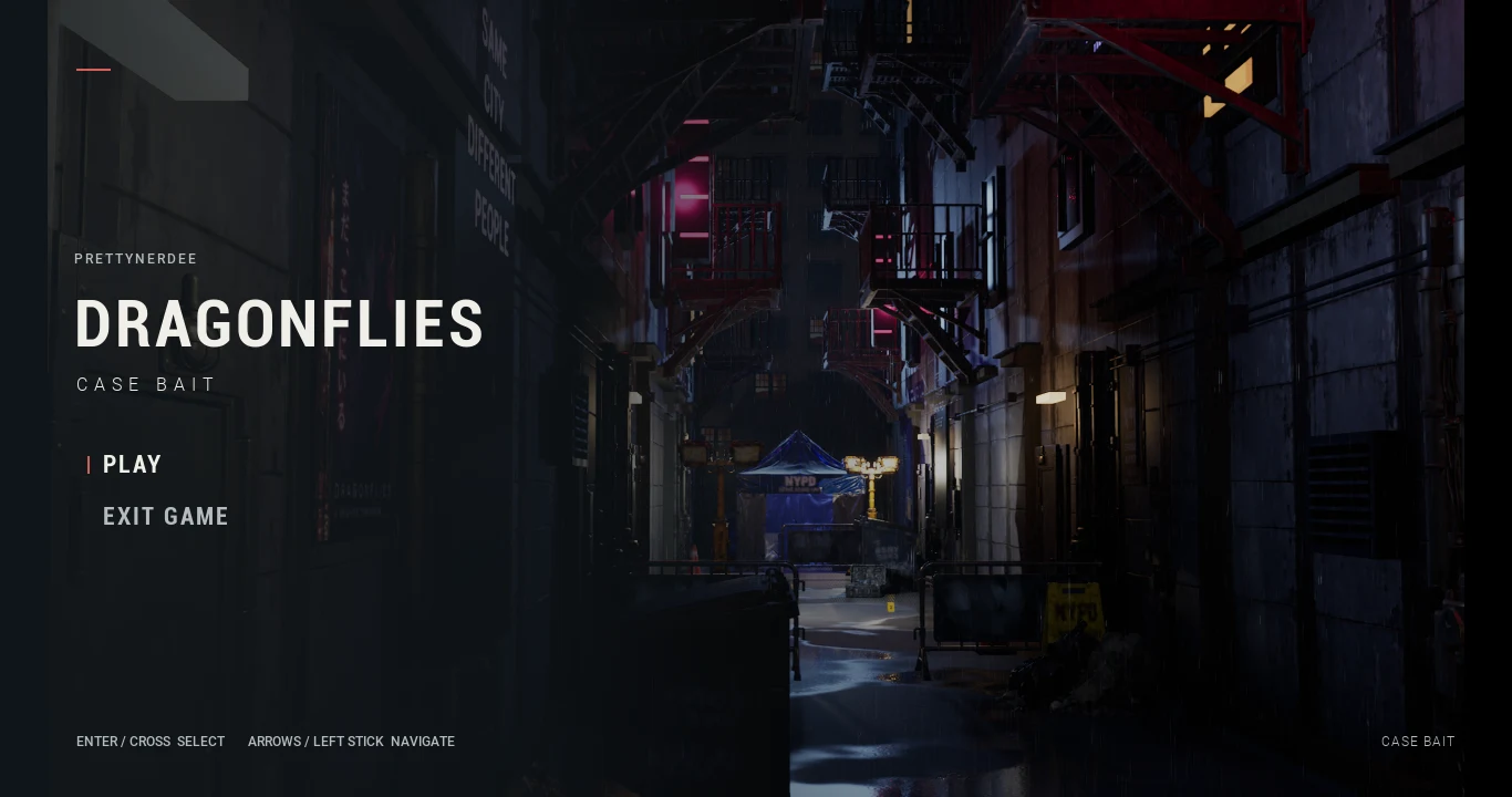 Dragonflies Case Bait main menu over the rainy alley entrance, with Play and Exit Game options.