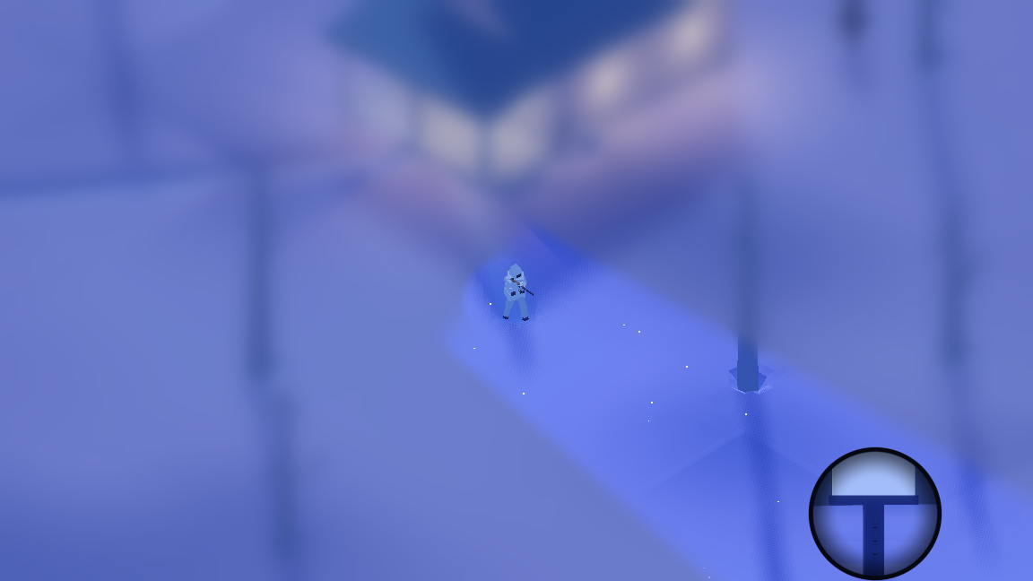 SNØ gameplay showing the cursor-led scope view over the snowy homestead.
