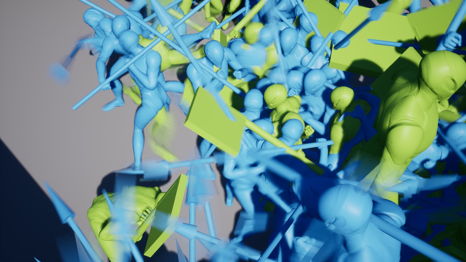 Close-up of the Undivided corner melee with blue spears, green axes and a larger green elite mid-swing.